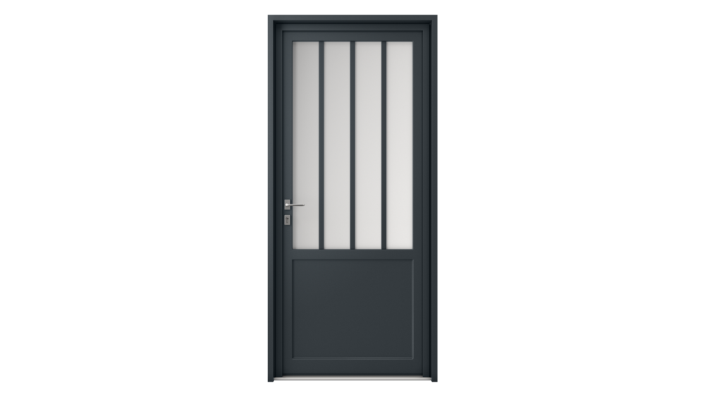 Porte d'entrée parclosé gamme lumière PIETRO Porte d'entrée grise avec panneau plein en bas de page et paroi vitrée divisée en 4 parties